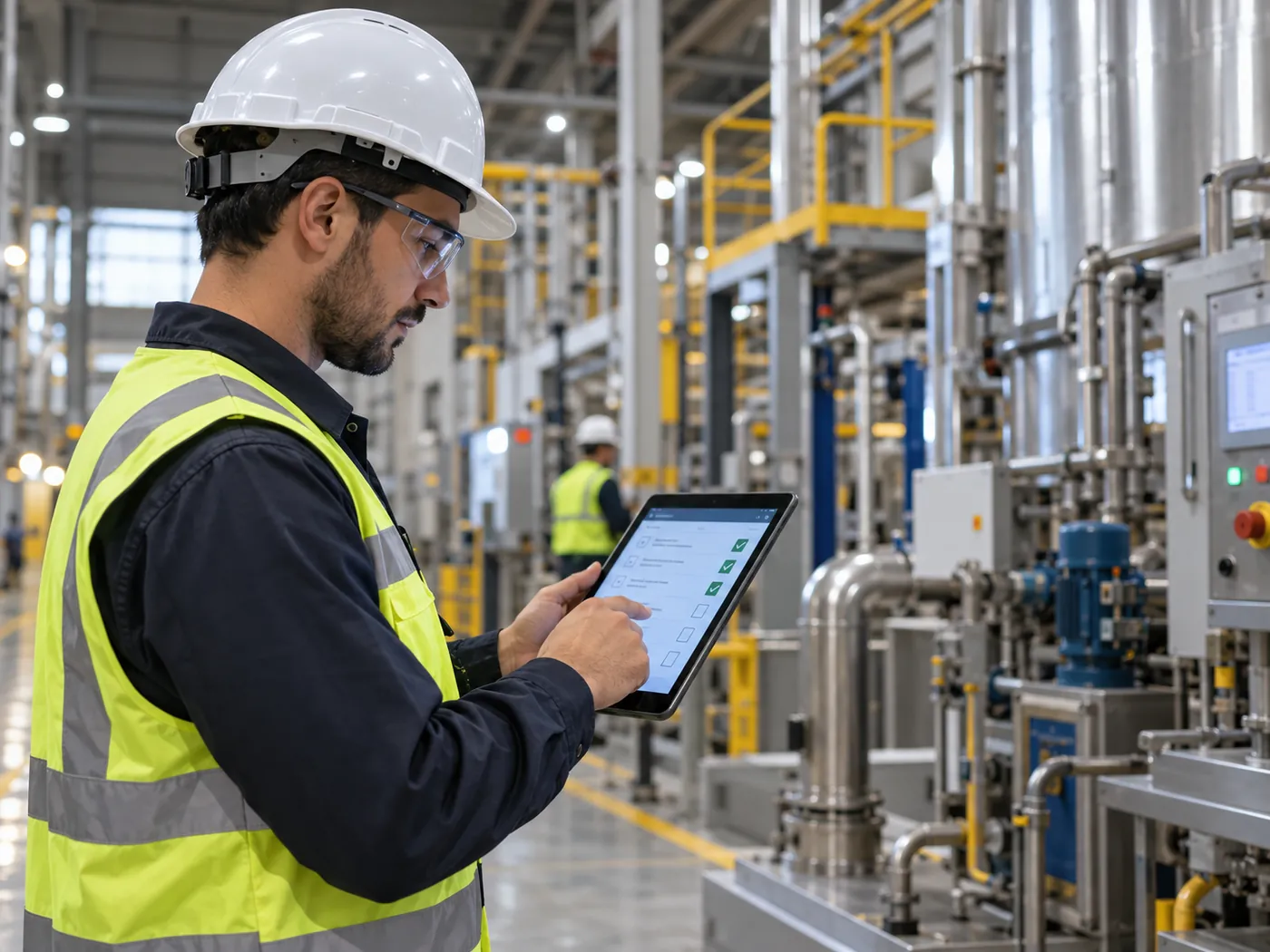 Operador completando un checklist digital en tablet